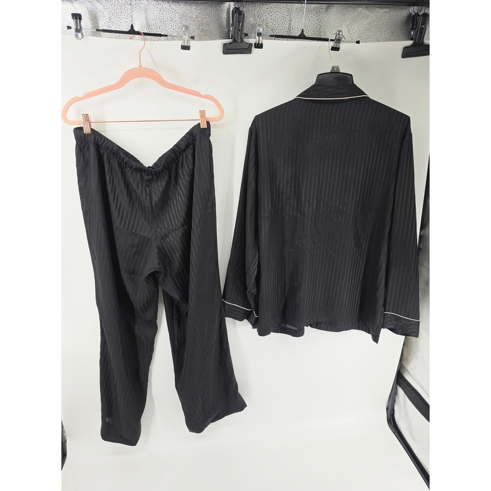 Victorias Secret Pajama Set Black Satin Tonal Stripe Button Top Pants Large - Picture 9 of 9
